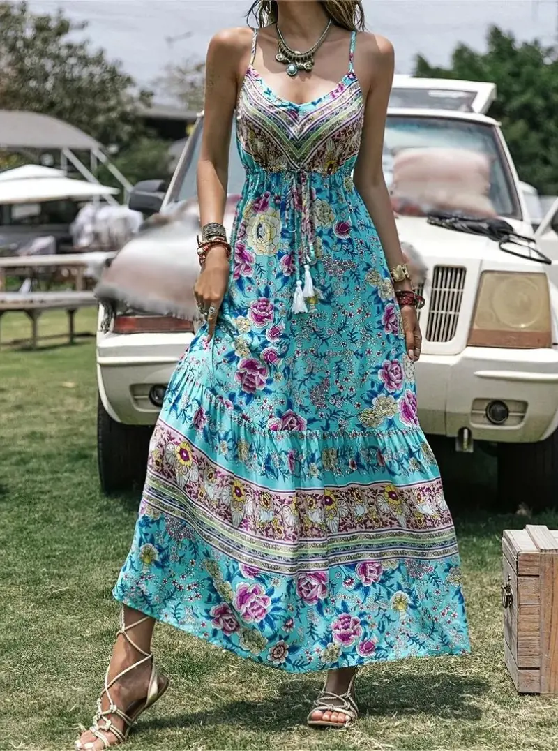 Abito Maxi Stile Bohémien con Stampa Floreale