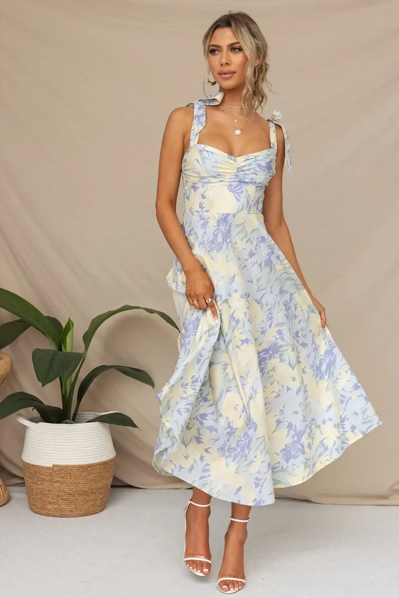 Abito Midi Floreale con Bretelle Annodabili