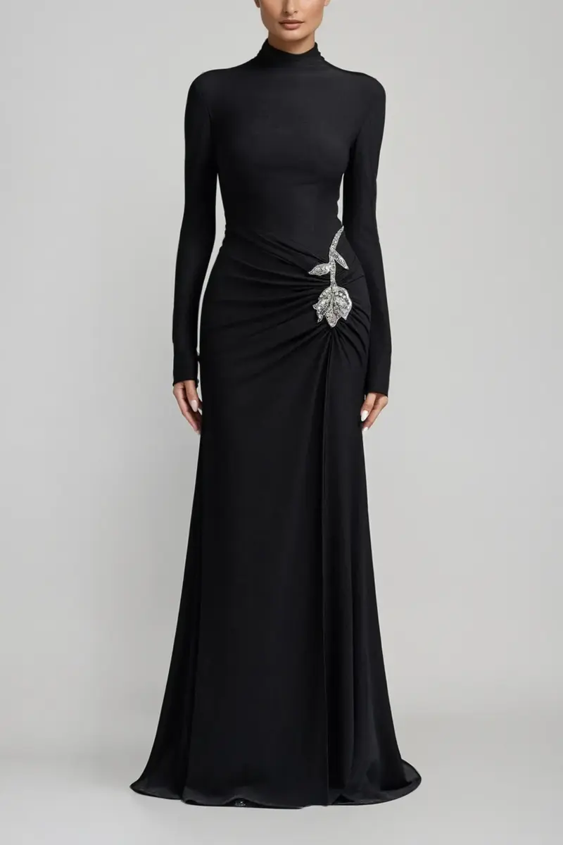 Adobe Long Sleeve Rhinestone Flower Maxi Dress In Black
