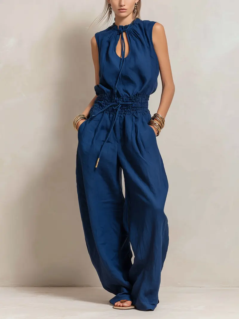 Adriana™ | Dark Blue Round Neck Sleeveless Jumpsuit