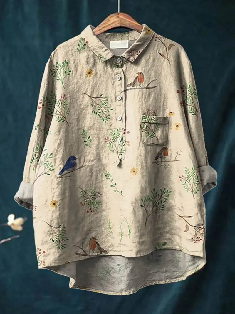 Alice™ | Boughs And Robin Birds Pattern Printed Women's Casual Shirt