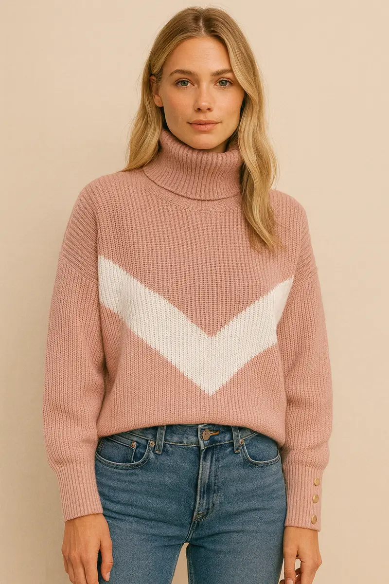 Althea – modny damski sweter z golfem, wzorem w literę V i kolorowymi wstawkami