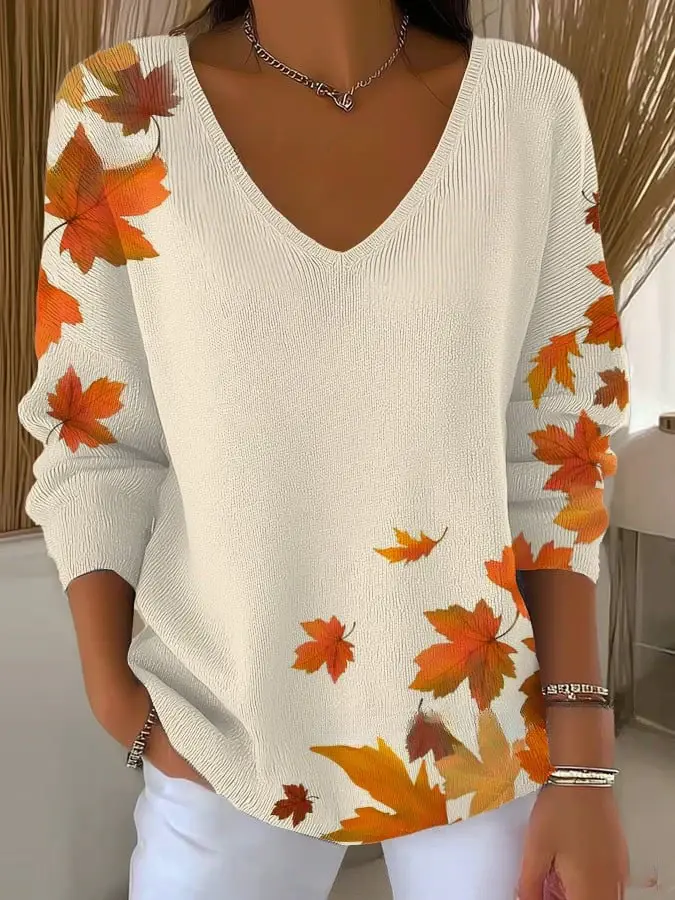 Althea™ | V-neck Sweater with Leaf Pattern