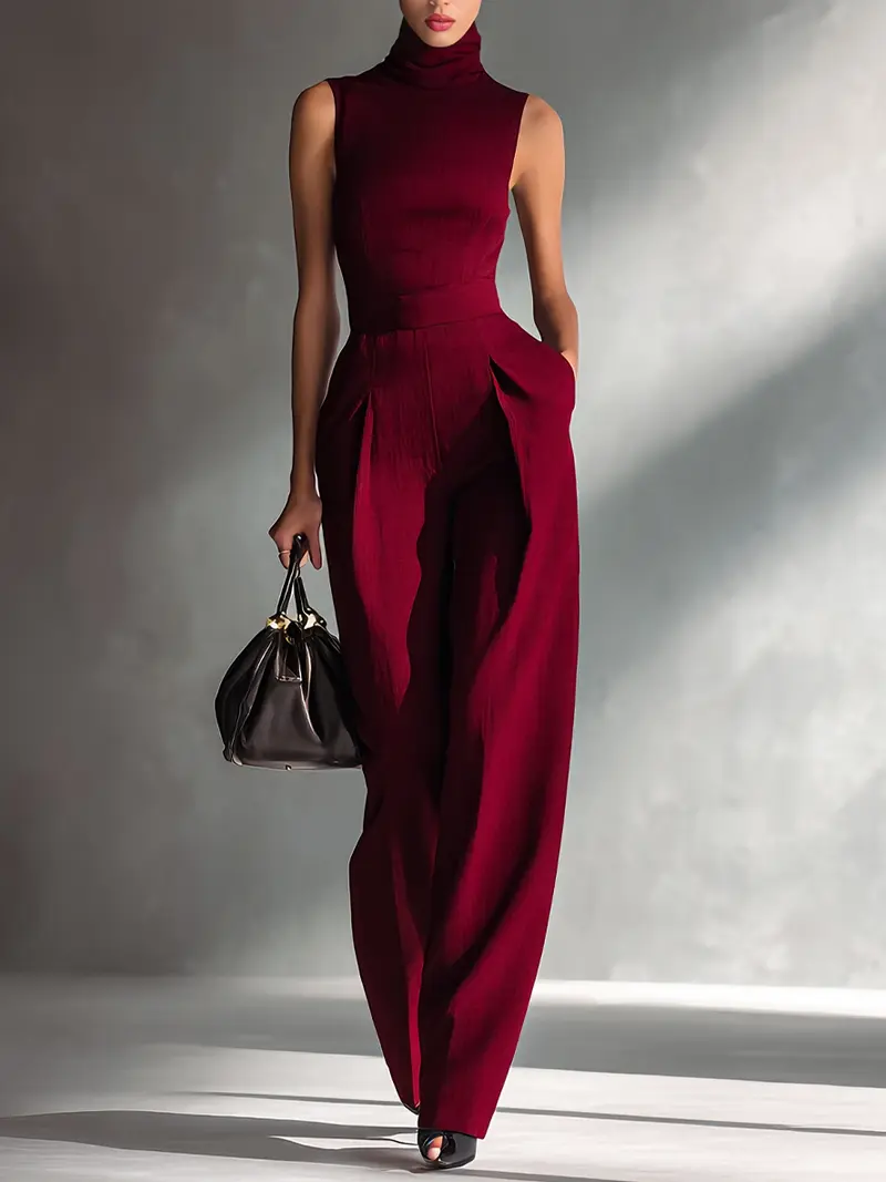 Amelisse™ | Burgundy Sleeveless Turtleneck Wide-Leg Jumpsuit