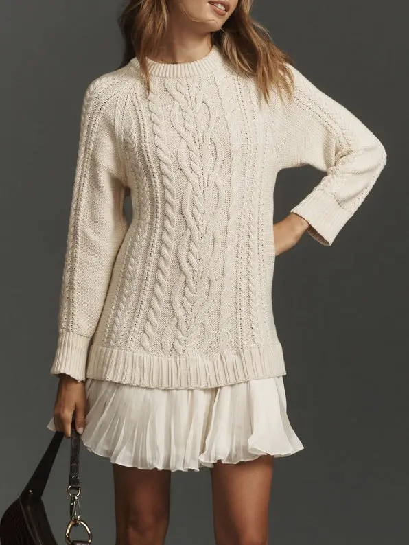 Amelora™ | Ivory Cable-Knit Sweater Mini Dress
