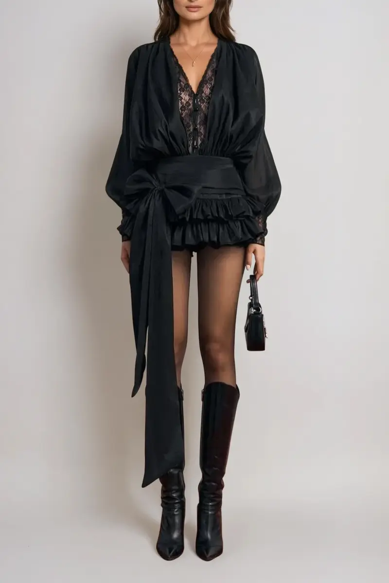 Aminah Lace Plunge Bow Mini Dress