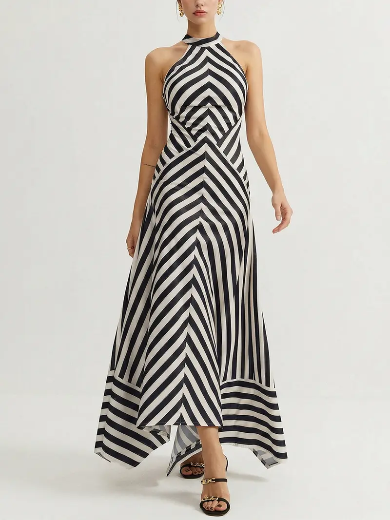 Angie | Sukienka damska maxi w paski typu halter z odkrytymi plecami