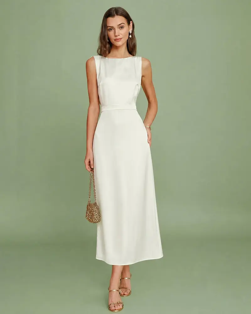 Apricot Boat Neck Pearl Satin Midi Dress