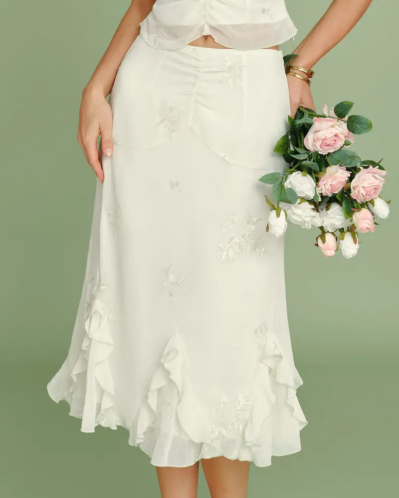 Apricot Embroidery Ruffle Midi Skirt