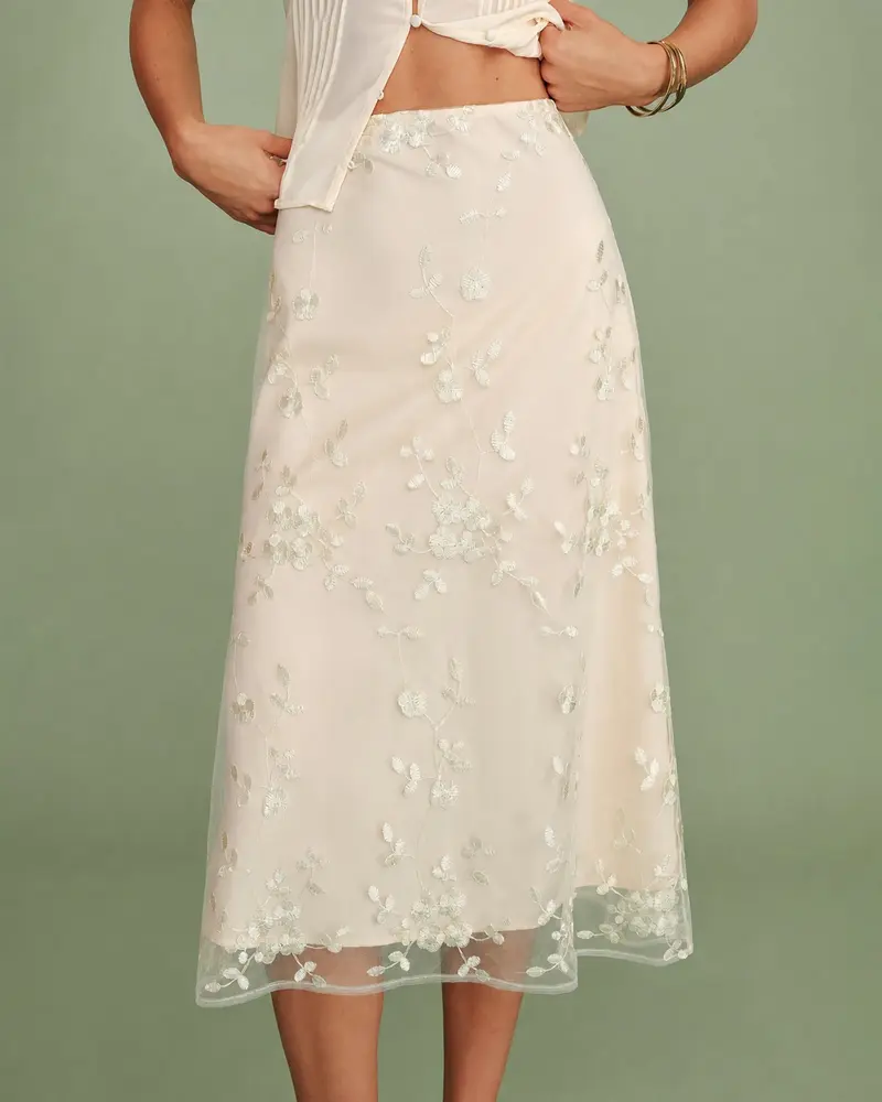 Apricot Floral Embroidery Mesh Midi Skirt
