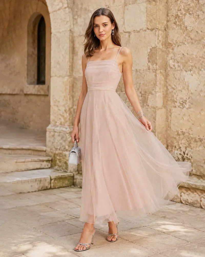 Apricot Pleated Flowy Slip Midi Dress