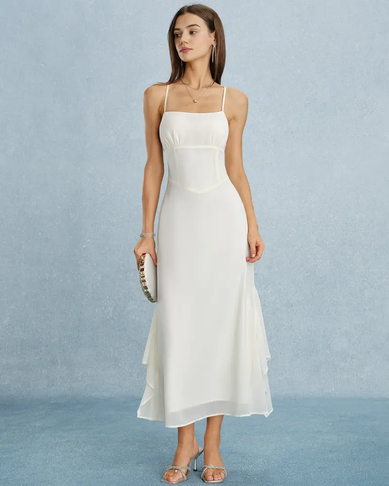 Apricot Ruffle Slip Chiffon Maxi Dress