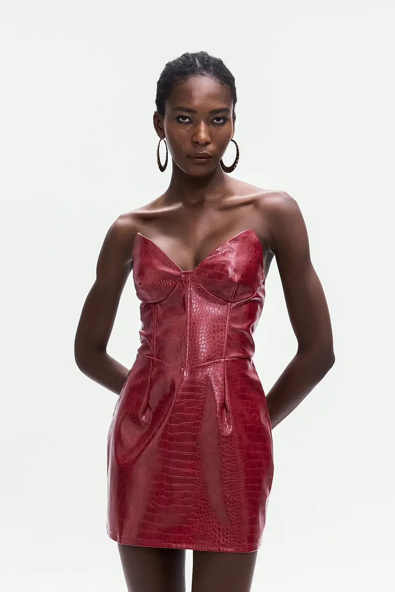 Ardin Crocodile Pattern Strapless Leather Mini Dress