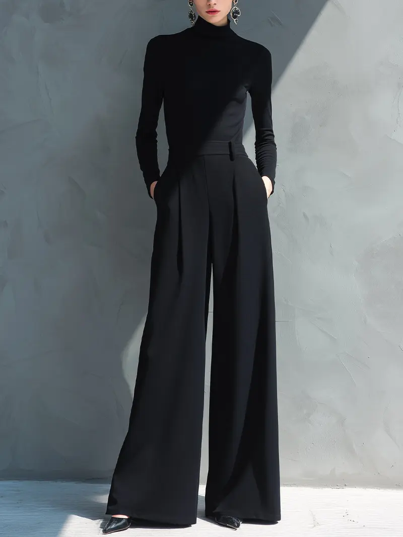 Arietta™ | Black Classic Knit Turtleneck Wide-Leg Jumpsuit