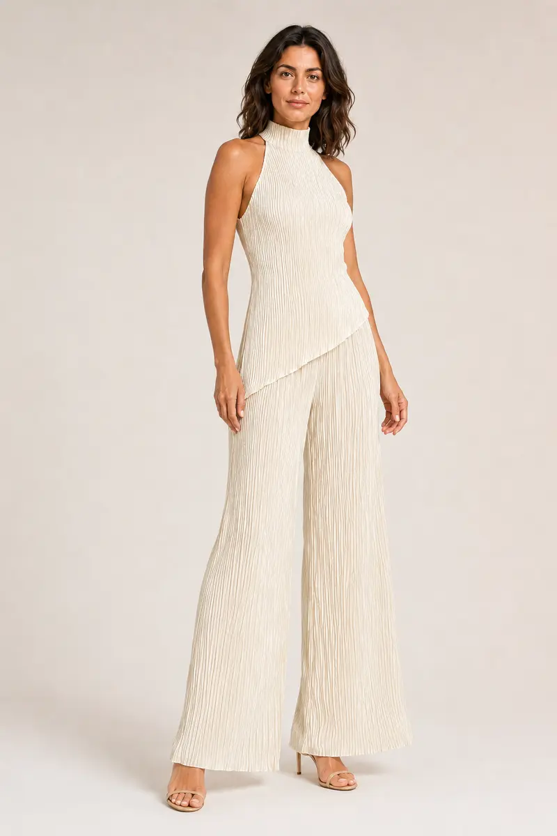 Asymmetric Pleated Top & Wide-Leg Trouser Set