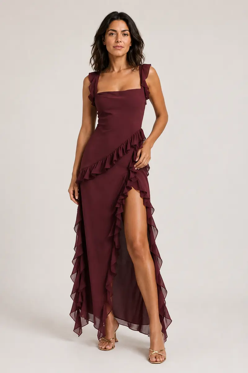 Asymmetric Ruffle High-Slit Maxi Dress