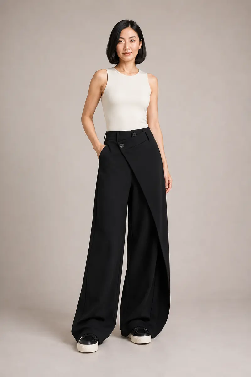 Asymmetric-Waist Wide-Leg Trousers