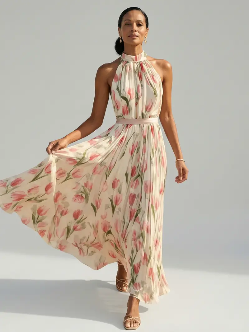 Aurelle | Halter Neck Floral Midi Dress