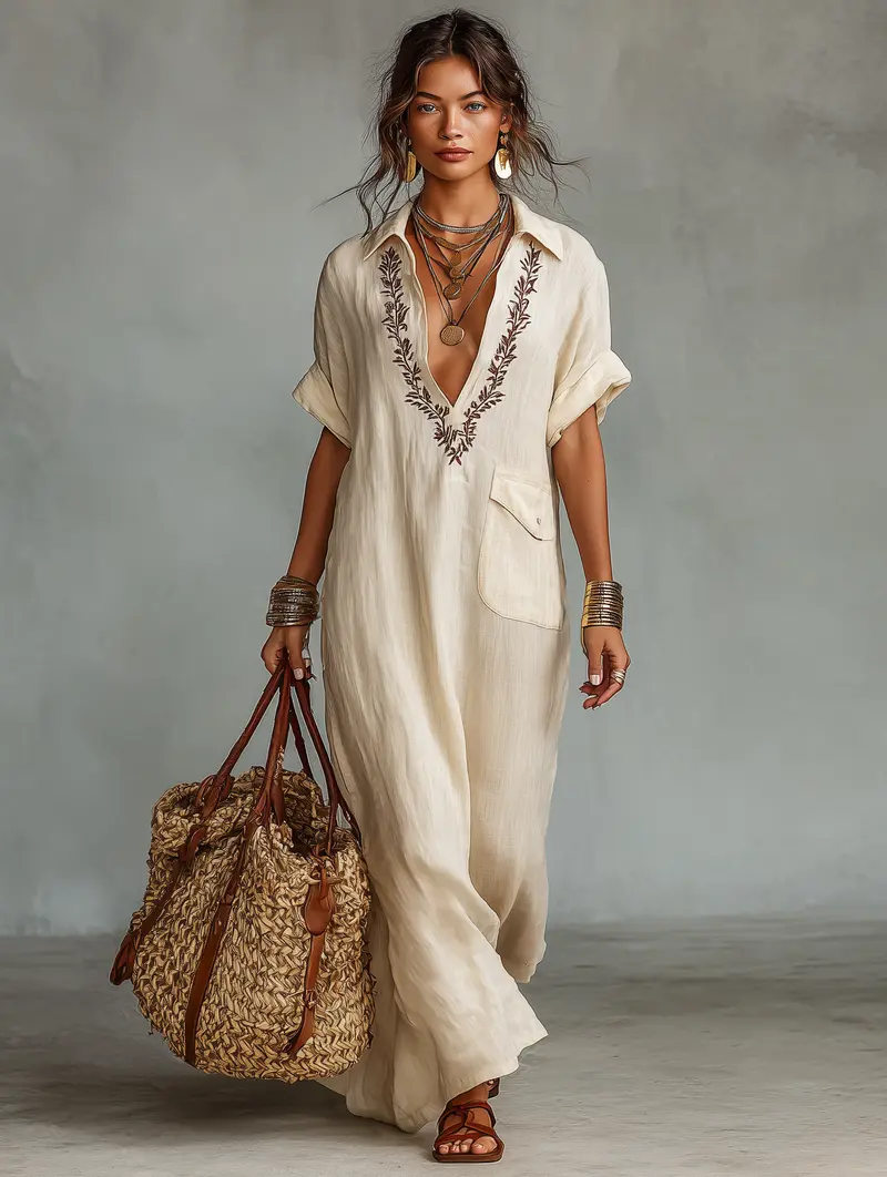 Awhina™ | Minimalist Linen Blend Embroidered Neckline Maxi Dress