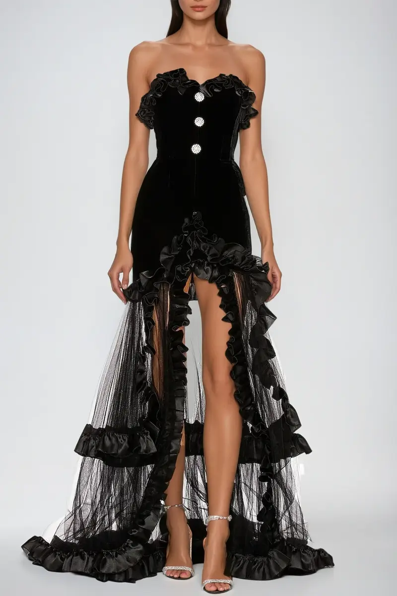 Barukh Ruffle Strapless Mesh Maxi Dress