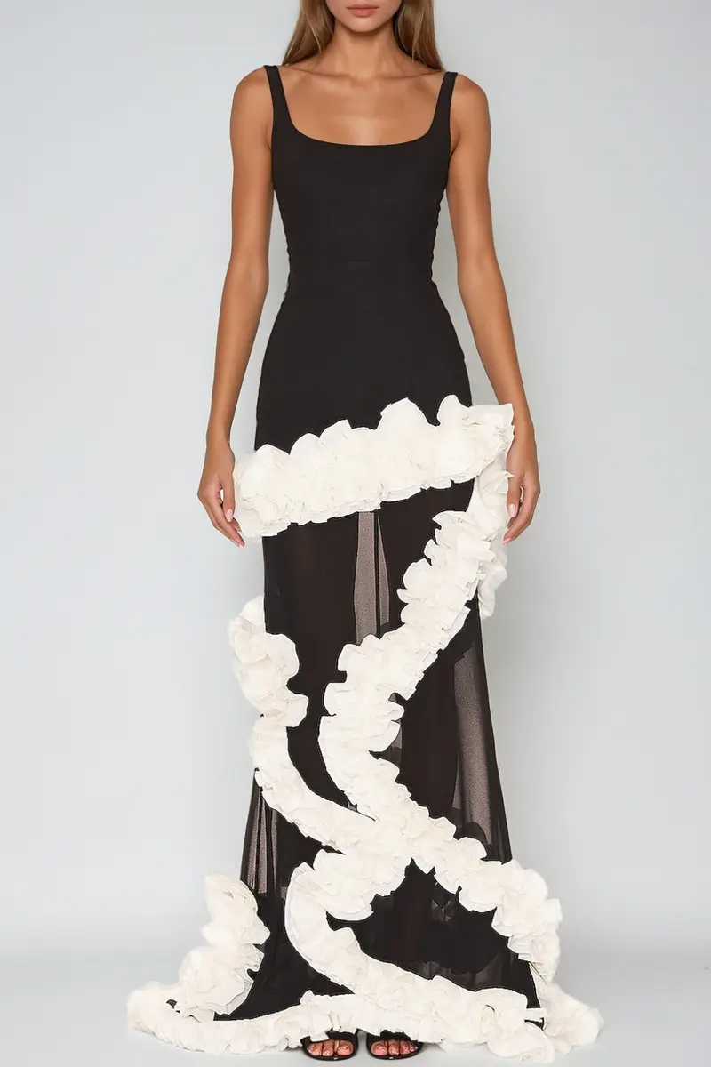 Beckah Mesh Ruffle Asymmetric Maxi Dress