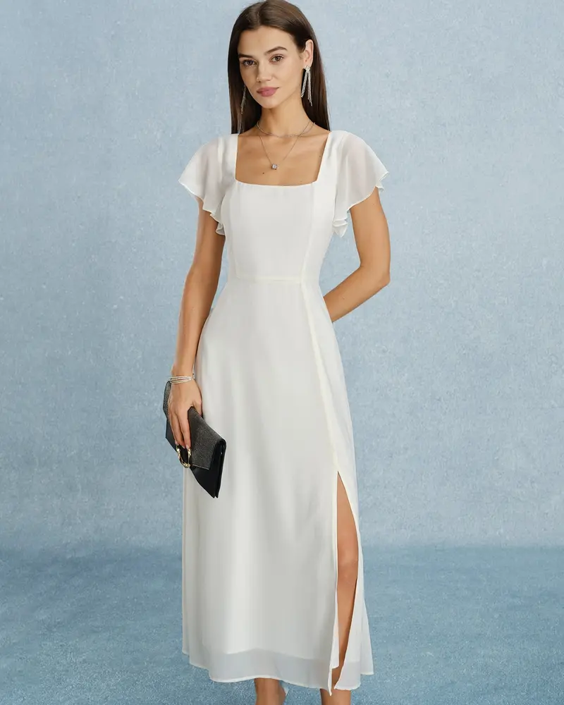 Beige Square Neck Slit Chiffon Maxi Dress