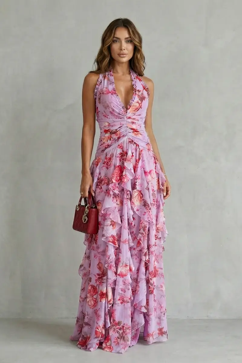 Belladina | Romantische Rosenfall Maxi-Kleid mit amerikanischem Ausschnitt