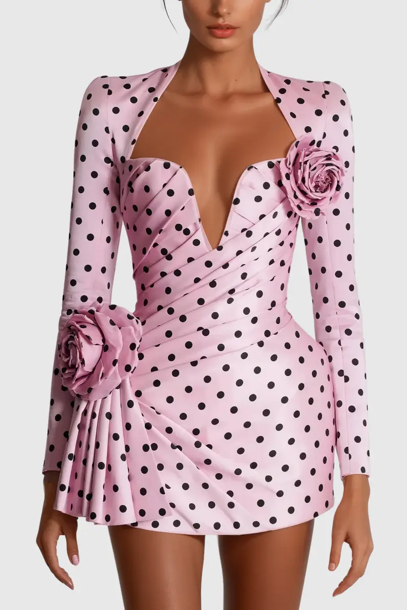 Biaggio Dot Flower Ruch Mini Dress In Pink