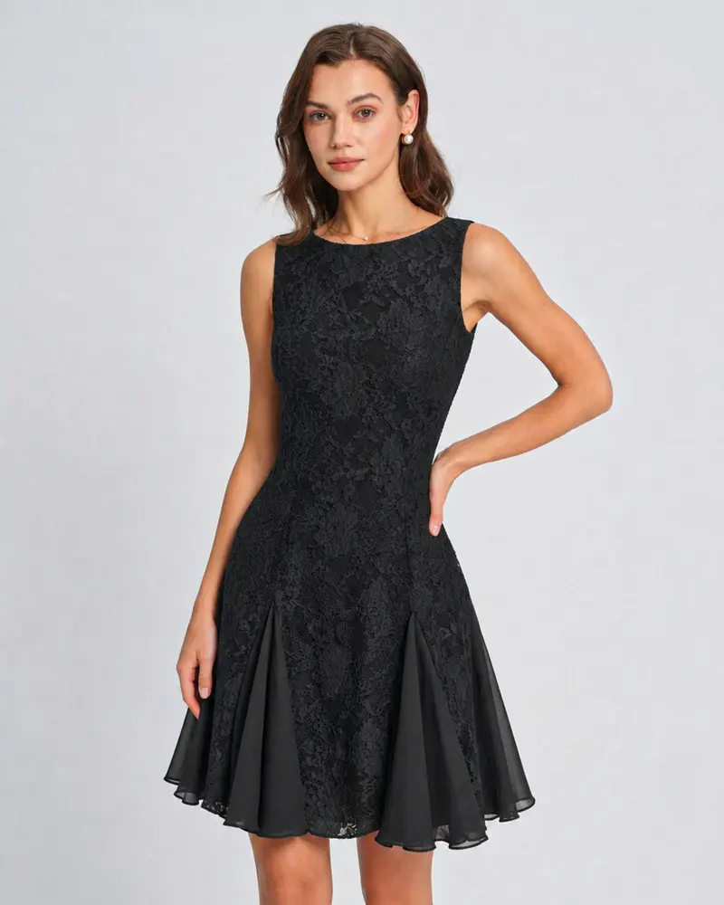 Black Boat Neck Backless Lace Mini Dress