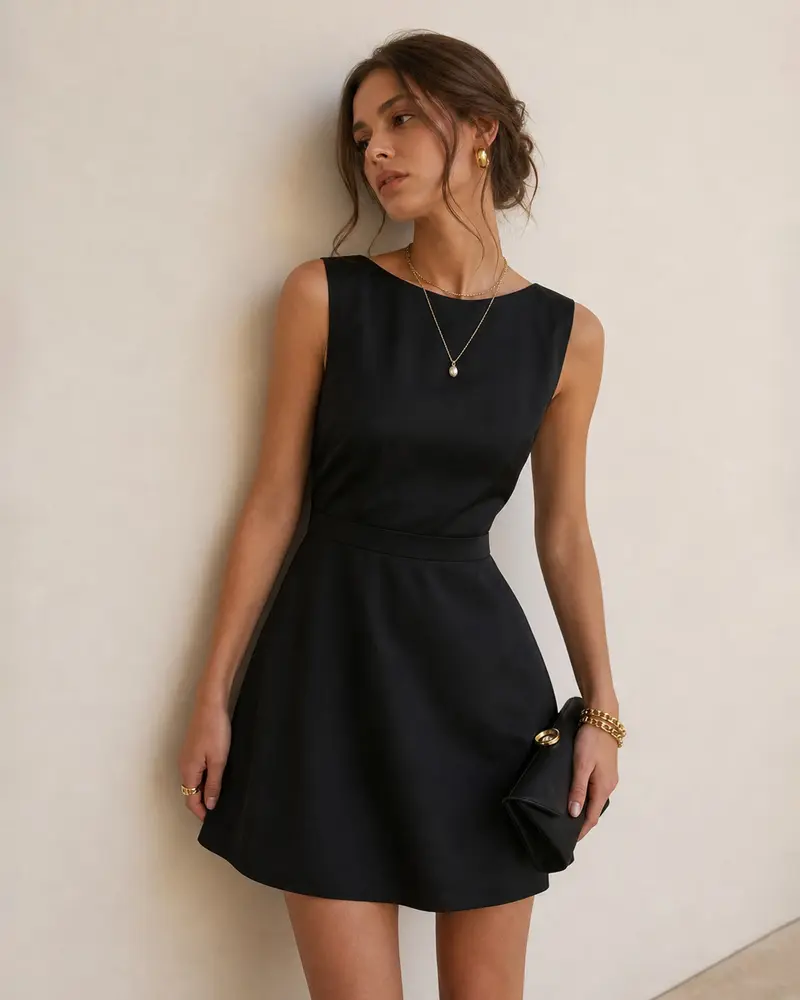 Black Boat Neck Pearl A-Line Mini Dress