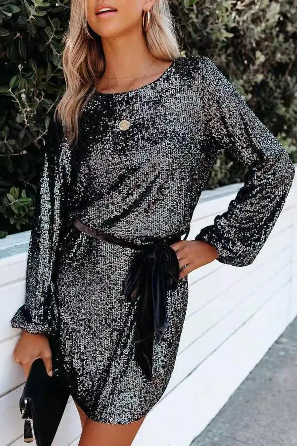 Black Sequin Belted Dress