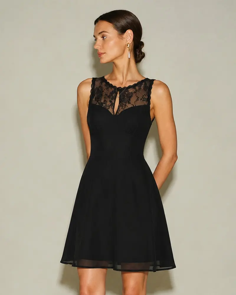 Black Sleeveless Boat Neck Lace Mini Dress