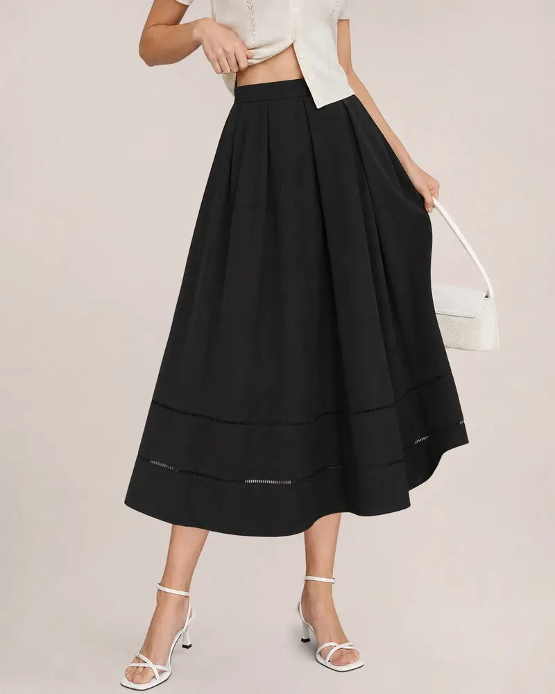 Black Solid Pockets A-Line Midi Skirt