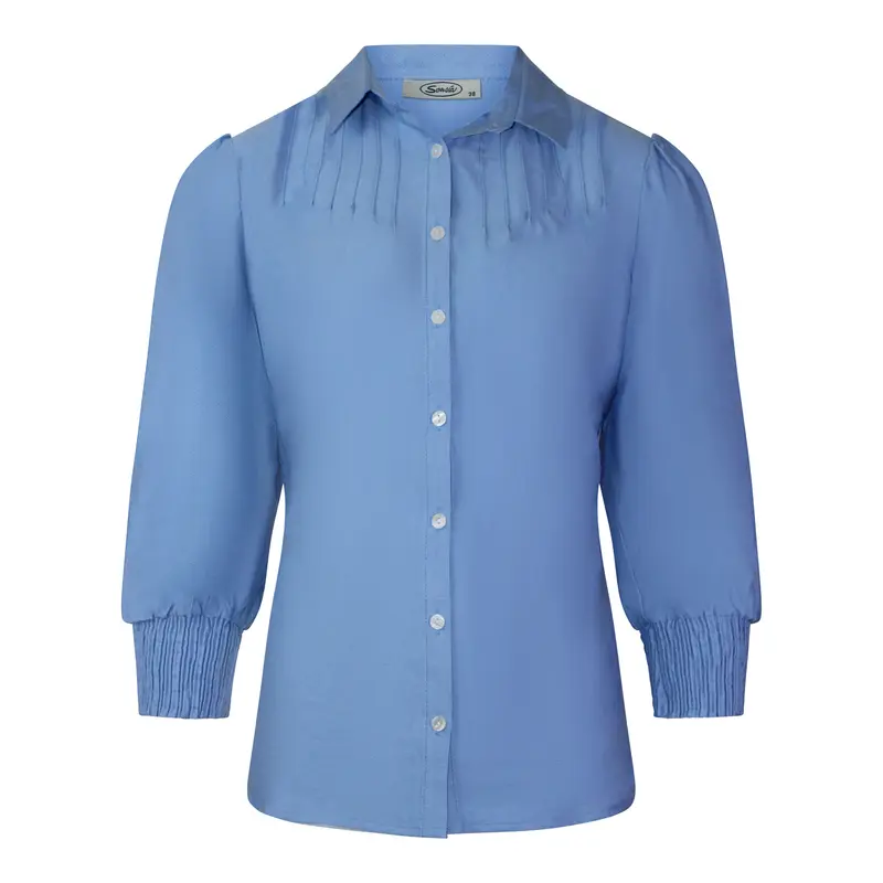 Blouse Uni Blauw Gesmokte Mouw