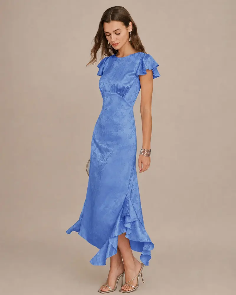 Blue Boat Neck Jacquard Ruffle Midi Dress