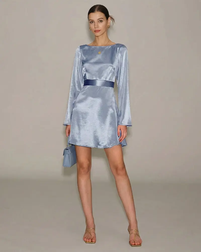 Blue Boat Neck Satin Mini Dress