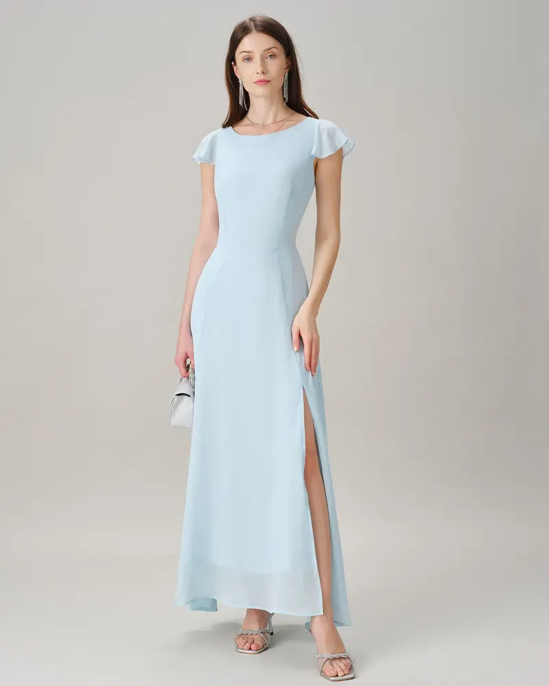 Blue Boat Neck Slit Chiffon Maxi Dress