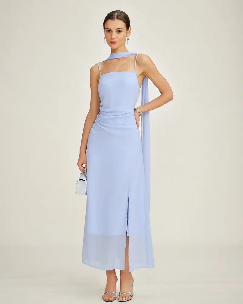 Blue Cowl Neck Strap Chiffon Maxi Dress