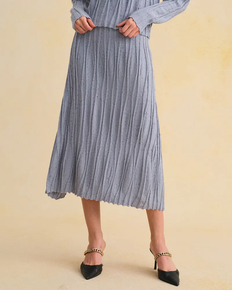 Blue Elastic Waist A-Line Midi Skirt