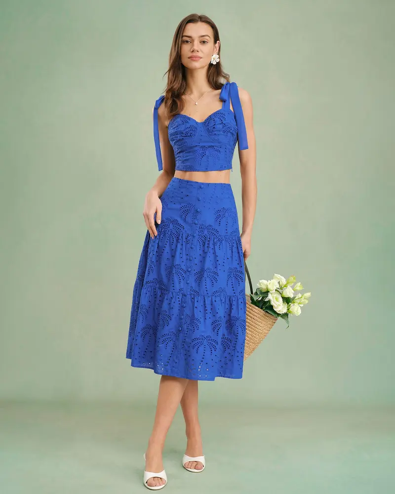 Blue Embroidery Midi Skirt