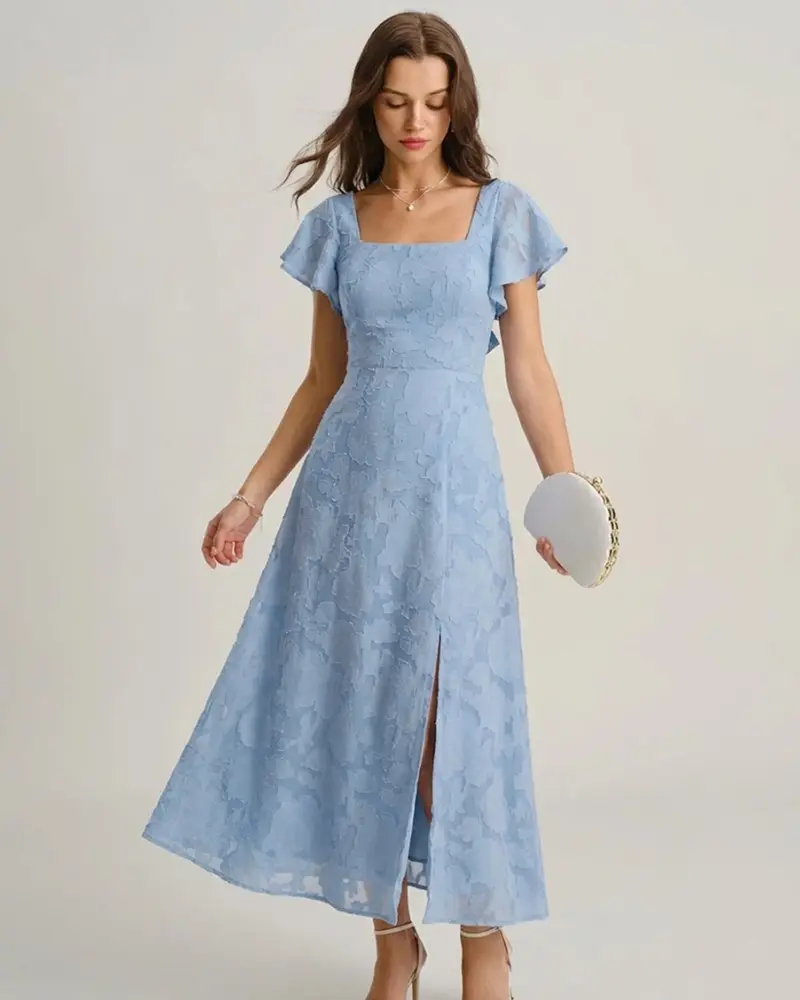 Blue Floral Square Neck Midi Dress