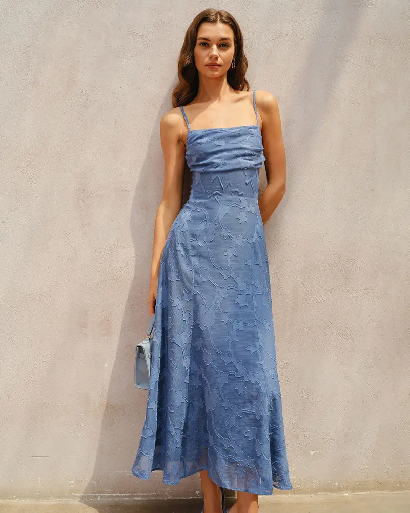 Blue Jacquard Ruched Slip Maxi Dress