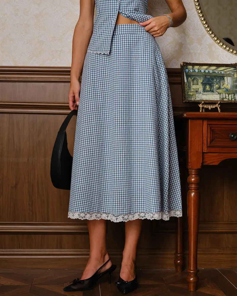 Blue Plaid Lace Pockets Midi Skirt