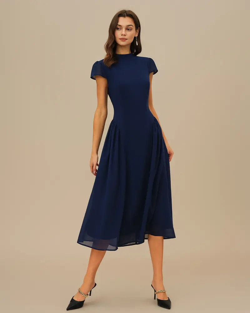 Blue Puffed Sleeve Midi Dress