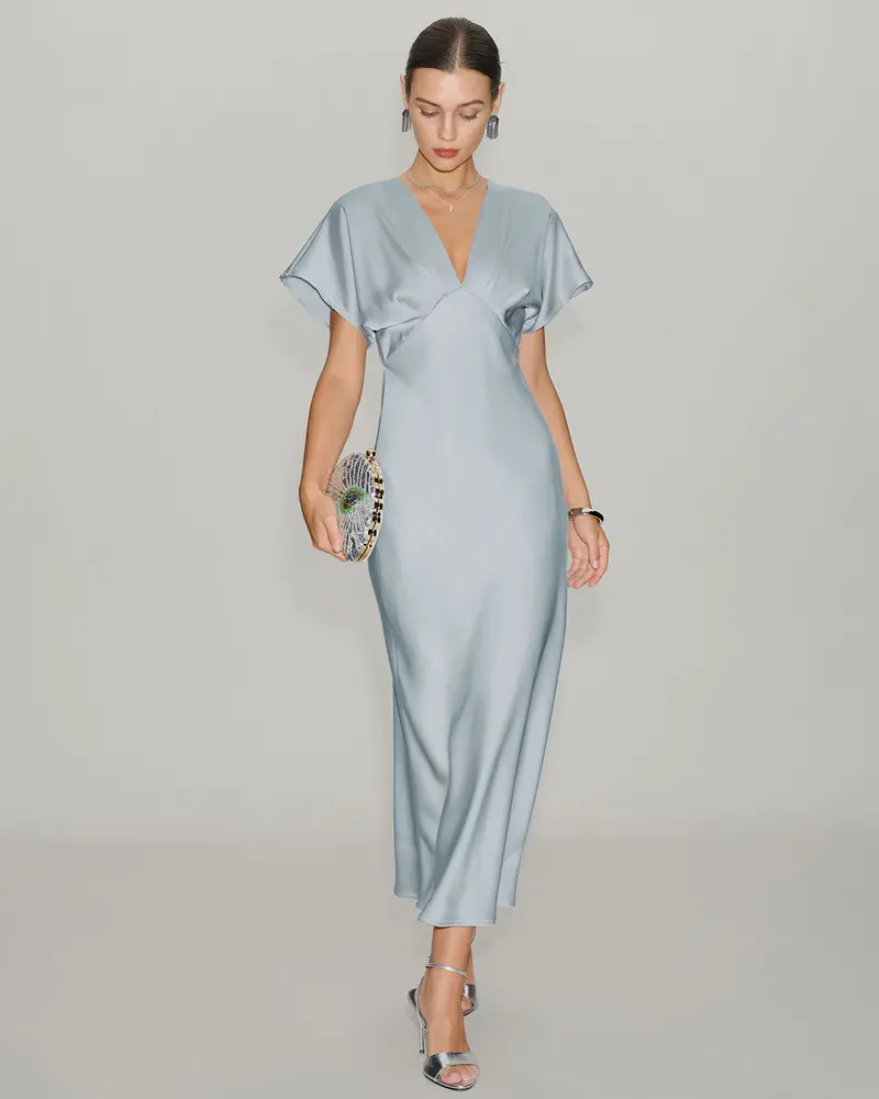 Blue V Neck Cowl Sleeve Satin Midi Dress