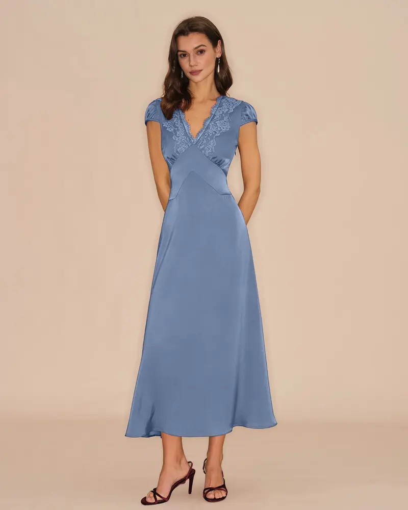 Blue V Neck Lace Tie Maxi Dress