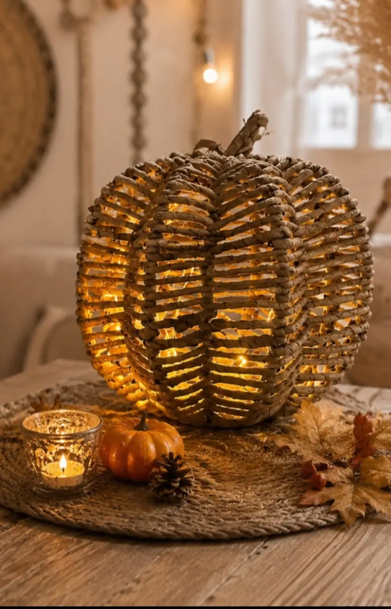 Boho Home Decor - Handgevlochten Waterhyacint Pompoen Lantaarn met LED verlichting