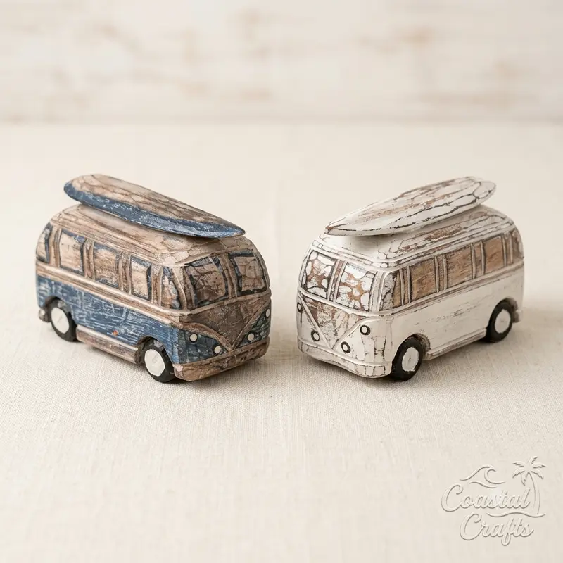 Boho Houten Surfbusje met Surfplank – Handgemaakte Beach Decoratie