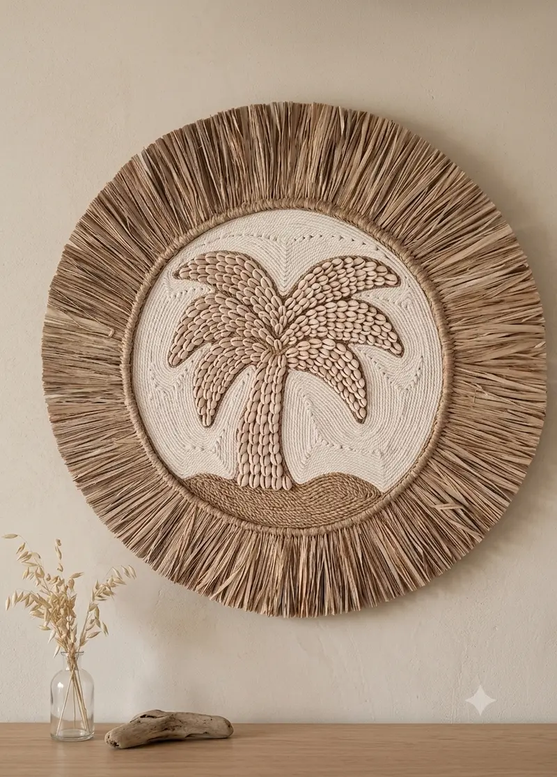 Boho Palm Island Wanddecoratie - Handgemaakt met Kauri Schelpen & Raffia