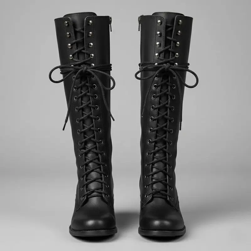 Boots Women Knee High Lace Up Block Heel Length